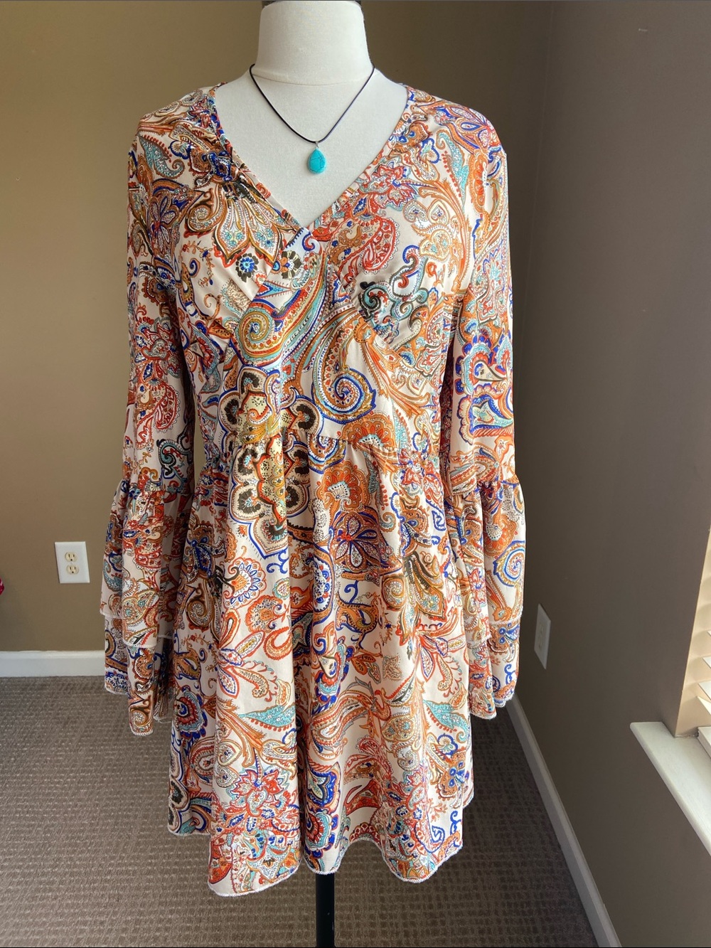 Paisley V-Neck Long Sleeve Tunic Dress Bell Sleeves Large Boho Western Cowgirl